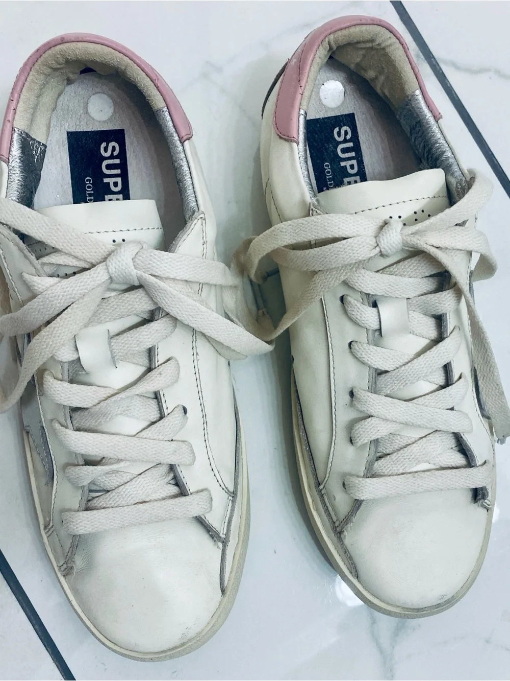 EUC WOMENS GOLDEN GOOSE SUPERSTAR White Leather Sneakers with Pink Heel